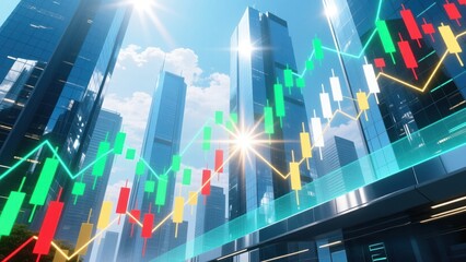 Modern city skyline with glowing neon financial graphs, diagonal candlesticks highlighting pricing analysis, market strategy