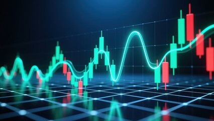 Glowing trading neon candlestick chart bars, showing pricing analysis, market strategy