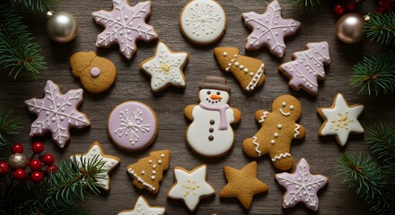 Festive assortment of decorated cookies on wooden surface with seasonal adornments