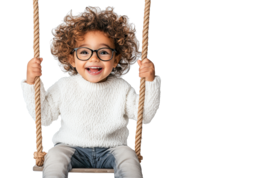 Happy Child on Swing with Glasses on Transparent Background