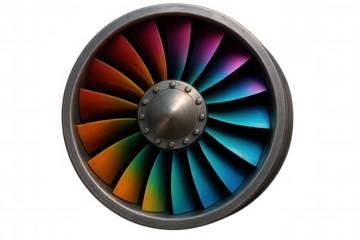 Turbofan engine with colorful rainbow blades, showcasing power, engineering, and innovation on transparent background