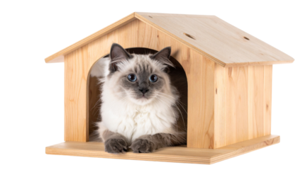 Burmilla cat duo resting inside wooden pet houses isolated on transparent background.
