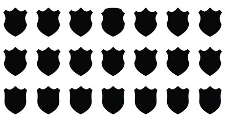 Collection of shield badges in silhouette isolated on white background