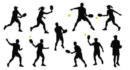 Collection of pickleball players in action silhouette isolated on white background