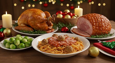 Festive holiday feast roasted turkey ham and spaghetti on a wooden table