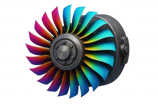 Jet engine turbine fan blades in rainbow colors, representing innovation, power, and modern aviation technology