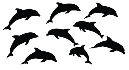 Fototapeta premium Collection of dolphin silhouettes jumping isolated on white background