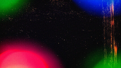 Abstract film grain texture background with vibrant red, green, blue light leaks, dust, and scratches. Perfect for retro overlays, cinematic effects, and creative digital designs.