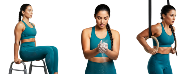 Calisthenics woman on dip bars with chalk hands and gymnastic rings set, calisthenics woman, gymnastics woman, Isolated on transparent background, png