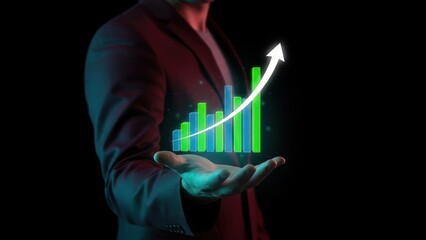 Businessman presenting glowing 3d bar chart with arrow rising in dark high tech scene, pricing analysis, market strategy
