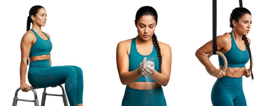 Calisthenics woman on dip bars with chalk hands and gymnastic rings set, calisthenics woman, gymnastics woman, Isolated on transparent background, png