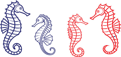 Two pairs of seahorses in blue and red outline style on a white background