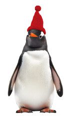 Fototapeta premium Penguin with Red Christmas Hat, Sitting Upright, Isolated on Transparent Background, Joyful Holiday Winter Celebration Concept