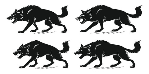 Four silhouette illustrations of a fierce wolf in different poses with sharp teeth and angry expressions