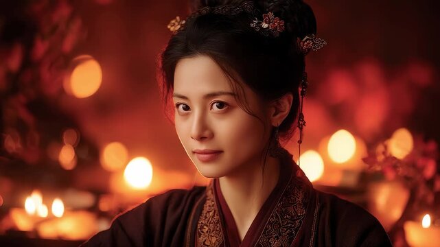 The serene moment of a classical beauty in flickering candlelight