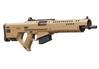 Isolated firearm on a neutral background, modern desert-tan tactical rifle, assault weapon