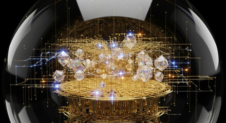 Quantum computer processor concept futuristic technology with golden circuits and crystal qubits inside a transparent sphere advanced computing and data processing