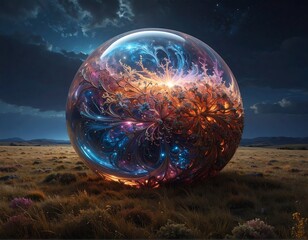 A cosmic orb, reflecting a nebula, resting on an autumn-colored field