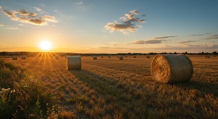 Golden sunset over rural field with hay bales and vibrant sunlight