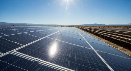 Expansive solar panel farm with photovoltaic modules generating clean, renewable energy under a bright desert sun