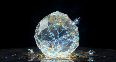 A luminous crystal orb with intricate internal structures and glowing blue energy, set against a dark background, symbolizing innovation and technological advancement
