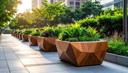 Modern geometric planters line a sunny urban sidewalk with lush greenery.