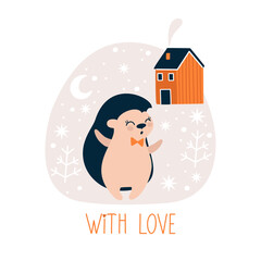 Winter card with a cheerful hedgehog and a house. A festive handwritten inscription: "With Love"