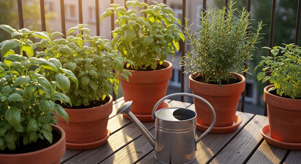 Aromatic herbs in terracotta pots on a balcony with a watering can, creating a small urban garden with basil, rosemary, and other herbs in the sunlight