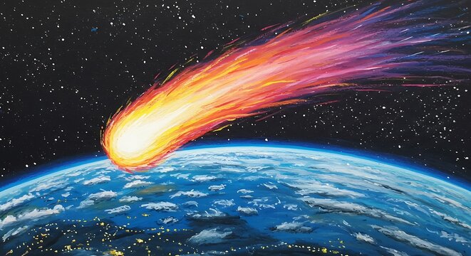 Fiery comet streaking across space above earth illustration