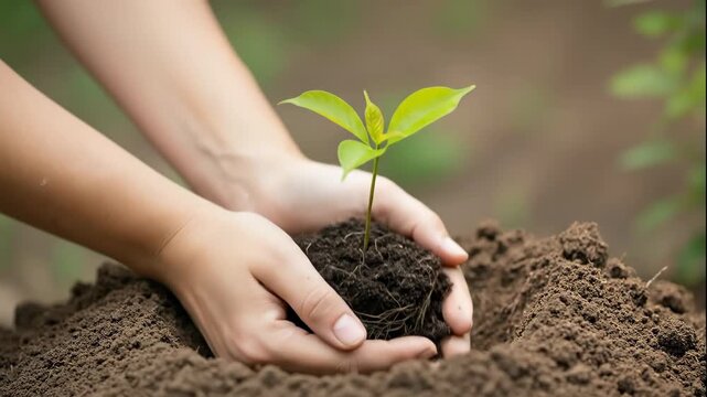 closeup of hands carefully holding small green sapling with roots in soil. concept of new life, growth, and environmental care. earth day celebration.