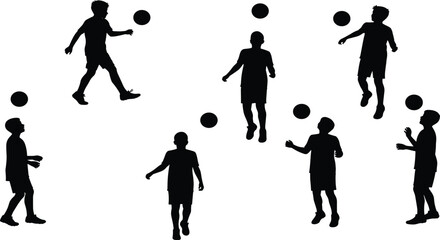 Silhouette vector illustration of soccer player juggling ball in multiple poses, training, skill practice, athletic movement, football sport, isolated background