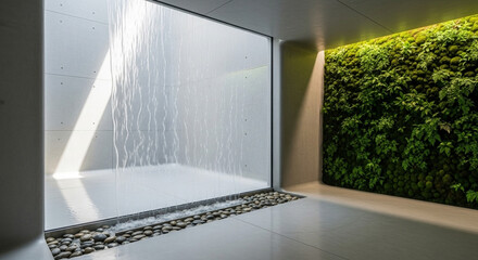 A modern bathroom featuring a waterfall shower and a vertical garden, blending natural elements with contemporary design for a serene and refreshing experience