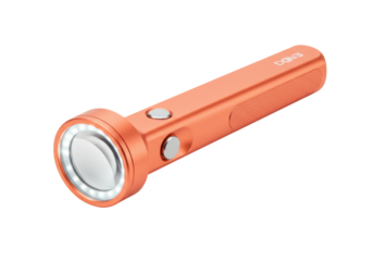 Isolated Orange flashlight, close up view, portable device, modern design, tool for lighting