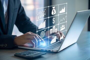 Businessman analyzing financial data and business growth with digital interface and laptop