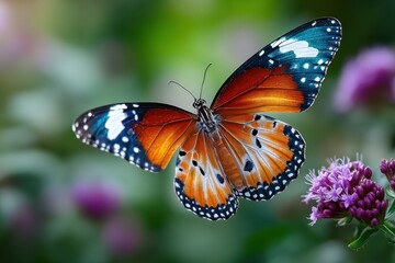 Naklejka premium Colorful Butterfly in Flight Near Purple Flowers