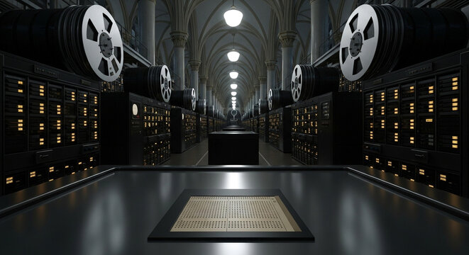 An archive room filled with rows of reeltoreel tape machines and servers, showcasing a vast collection of data and historical recordings in a secure environment