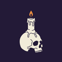 A stylized illustration of a skull with a candle burning on top, set against a dark purple background.