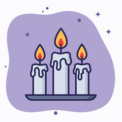 Illustration of three lit candles with dripping wax on a purple background.