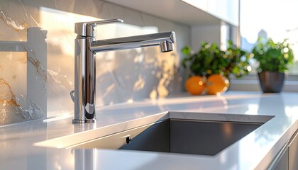 Modern Kitchen Sink with Chrome Faucet and White Countertop.