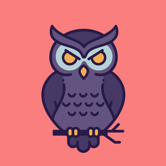 Illustration of a stylized owl with yellow eyes perched on a branch against a pink background.