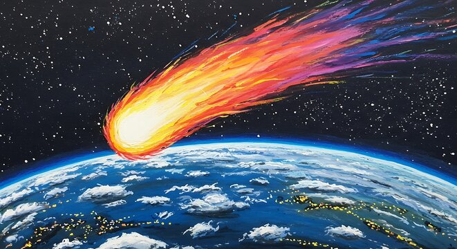 Fiery meteor streaking across earths atmosphere in the vast universe