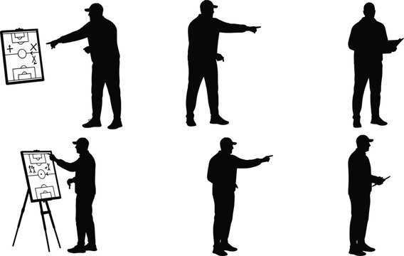 Soccer coach silhouettes with tactical board strategy poses, football training vector illustration for sports planning, teamwork, instruction, and competitive game design