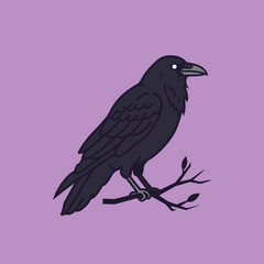 A stylized illustration of a black crow perched on a bare branch against a solid lavender background.