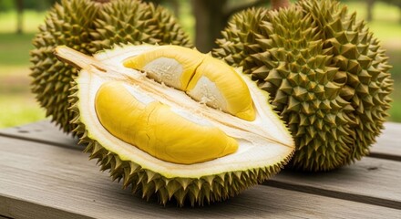 Open durian fruit showing creamy yellow flesh, spiky shell
