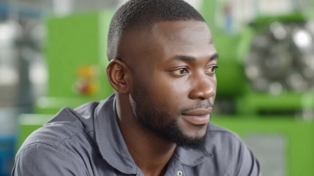 Focused Glance in a Factory Setting: A worker in the factory, his gaze directed off-camera, his expression serious. The industrial background adds a layer of depth. 