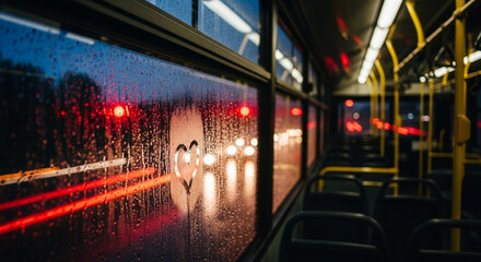 Rainy night bus ride a blurry view of city lights through a rainstreaked window, capturing the cozy atmosphere and the melancholic beauty of urban life in motion