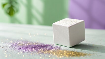 A minimalist white cube rests beside a shimmering pile of iridescent glitter on a pale surface