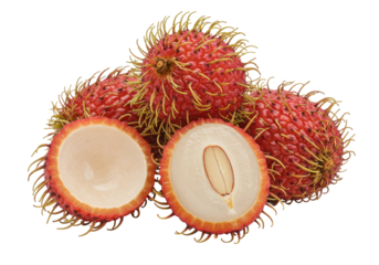 Isolated Rambutan fruit showing juicy flesh and seed, healthy tropical exotic dessert food
