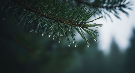 Obraz premium Pine branch with water droplets, bokeh forest background