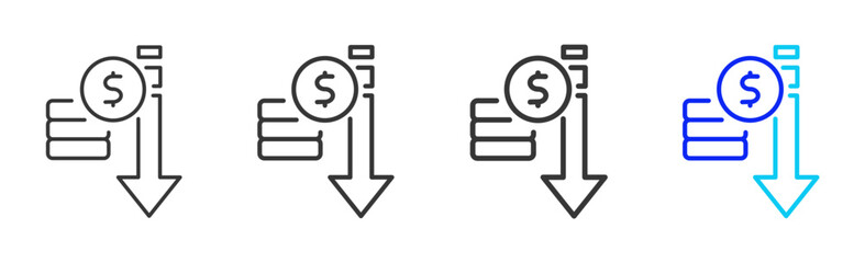 Cost Reduction Icon Set Collection in Creative Outline Style for Industrial Engineering Business Featuring Multiple Thickness Variations and Modern Vector Design